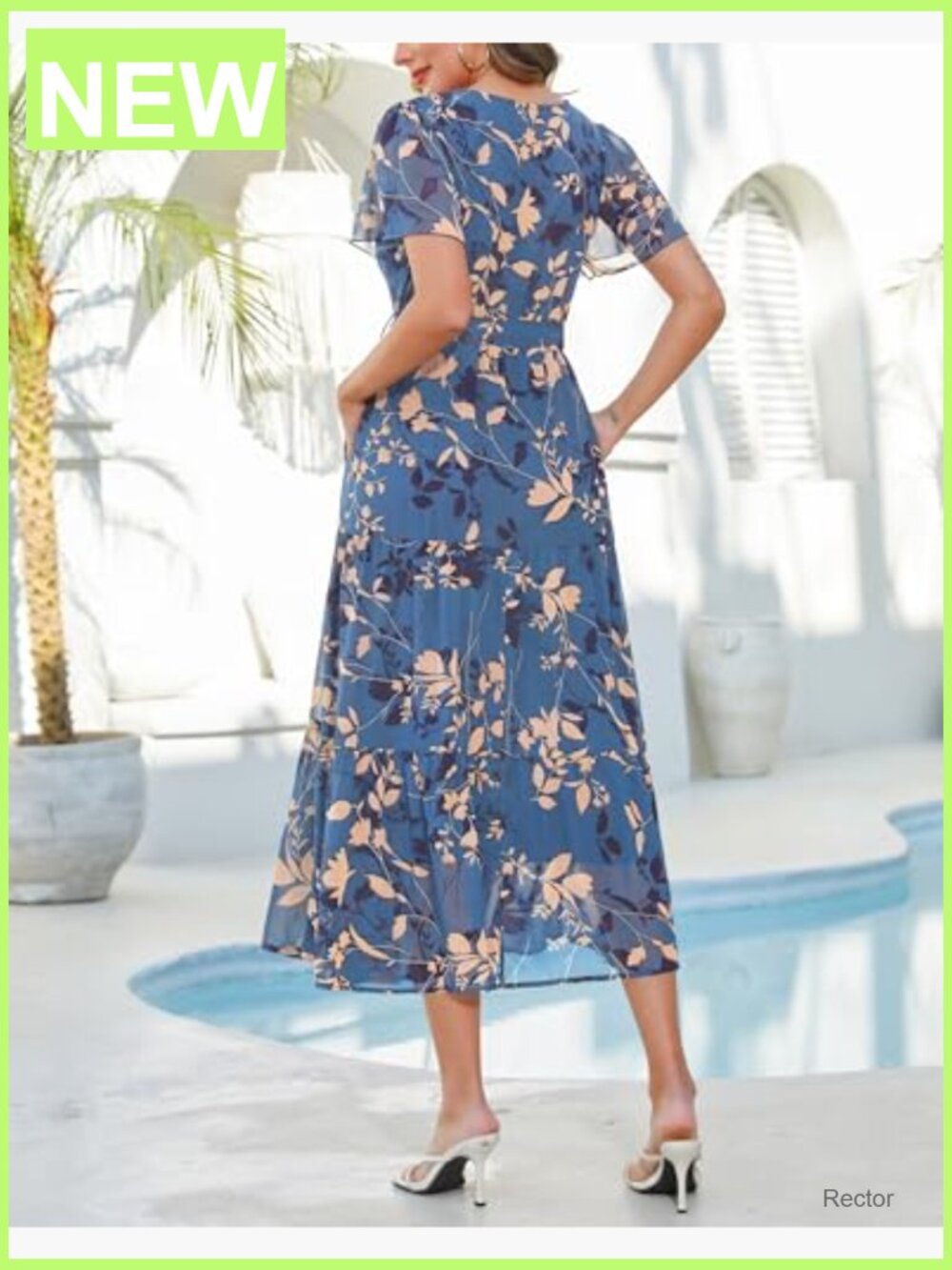 Women's Floral Maxi Dress with Pockets - Short Sleeve V-Neck A-Line Wedding - Picture 4 of 7